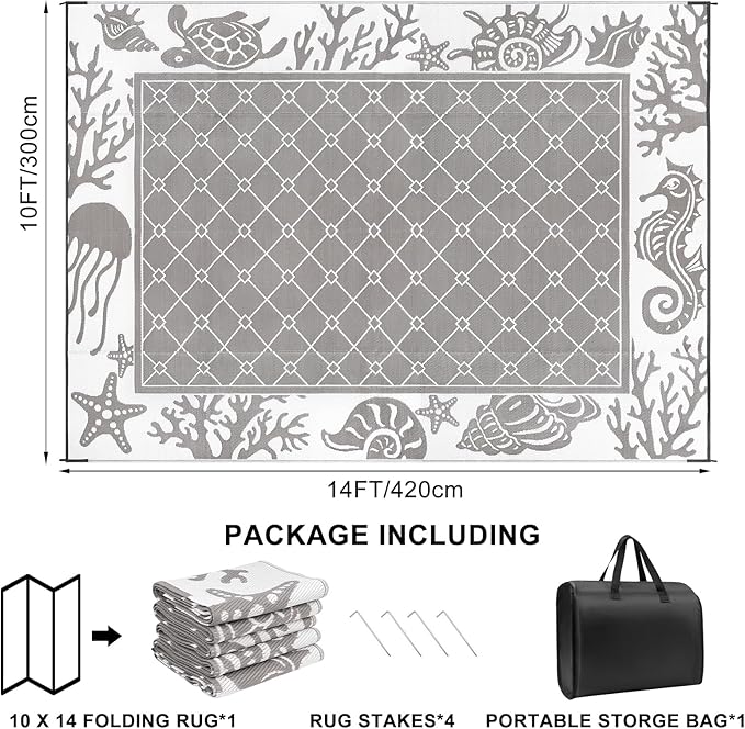 Vaukki Reversible Rugs, Plastic Straw Outdoor Doormat, Fade Resistant Plastic Outdoor Patio Mat, Lightweight Ocean Area Carpet for Patio, RV, Camping, Beach, Deck, Backyard and Picnic (Grey, 10'x14')