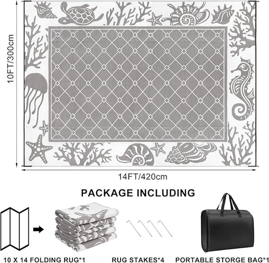 Vaukki Reversible Rugs, Plastic Straw Outdoor Doormat, Fade Resistant Plastic Outdoor Patio Mat, Lightweight Ocean Area Carpet for Patio, RV, Camping, Beach, Deck, Backyard and Picnic (Grey, 10'x14')