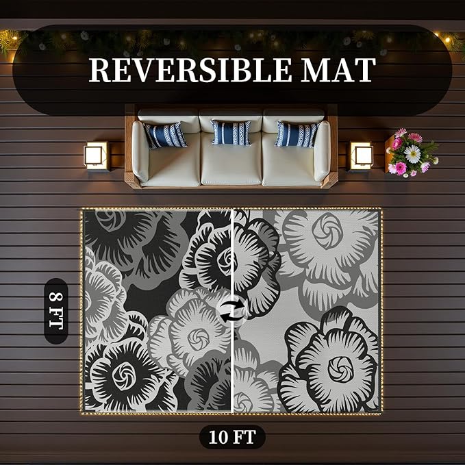 MontVoo Outdoor Rug with Led String Strip Lights 8x10ft Waterproof Outdoor Patio Rug Mat Reversible Plastic Straw Rug Outside Outdoor Rug for RV Camping Picnic Balcony Backyard Fairy Outdoor Decor