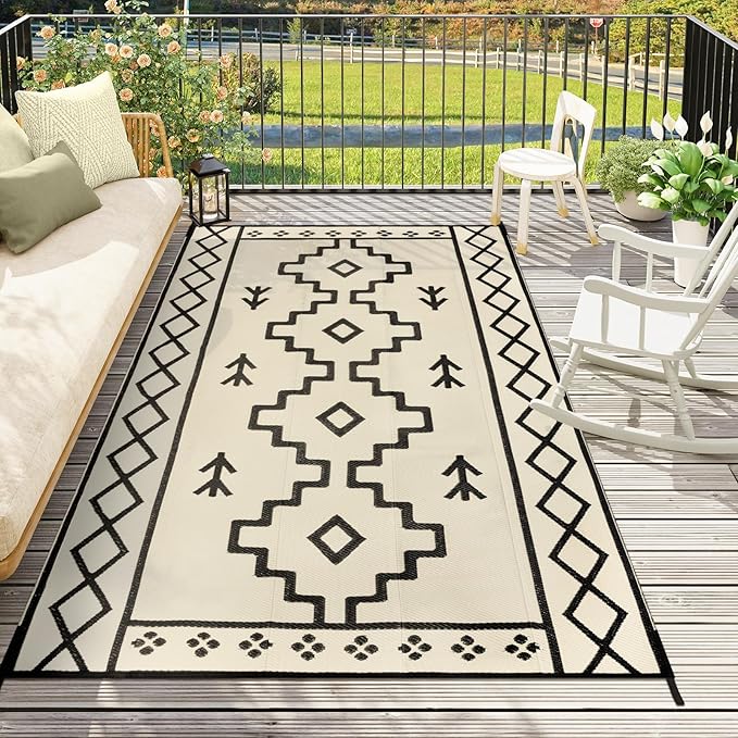 Uphome Outdoor Plastic Straw Rug 6x9 ft, Reversible Waterproof Outdoor Rug Carpet, Tan Boho Patio Rug, RV Camping Rug for Outside, Indoor Outdoor Area Rug for Backyard Deck Balcony Picnic, 6'x9'