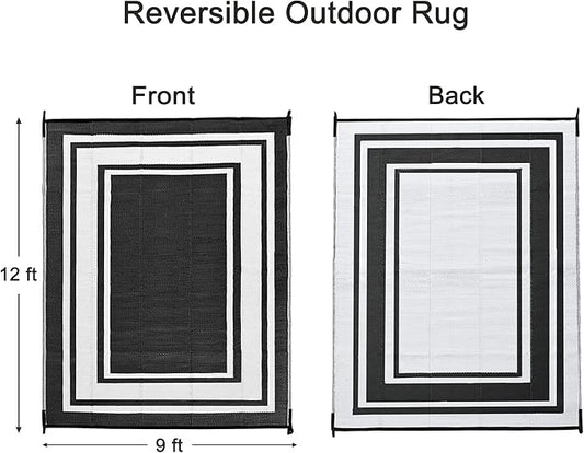 RURALITY Outdoor Rug 9x12 Waterproof for Patio Clearance,Large Plastic Straw Mat for Camping,Porch,RV,Reversible,Black and White