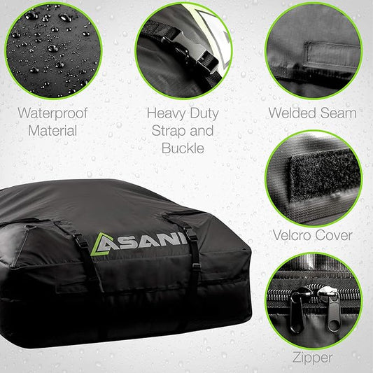 Asani Waterproof Car Roof Top Cargo Carrier Bag with 8 Heavy-Duty Straps and Buckles | Weatherproof Luggage Roofbag for Rooftop Racks | Car Topper Bag for Sedan, SUV, Vans & More (15 Cubic Feet)