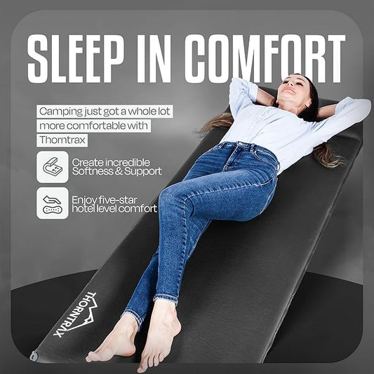 Throntrax Camping Sleeping Pad - Ultralight Camping Mat with Pillow Built-in - 3.1" Thick | Self-Inflating & Suitable for All Seasons - Compact Sleeping Pad for Camping - Grey