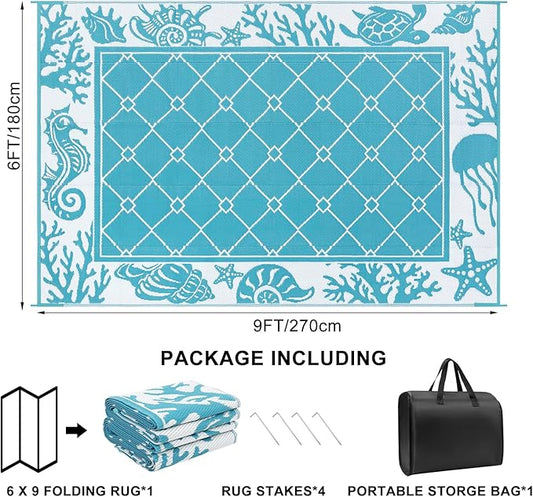 Vaukki Reversible Rugs, Plastic Straw Outdoor Doormat, Fade Resistant Plastic Outdoor Patio Mat, Lightweight Ocean Area Carpet for Patio, RV, Camping, Beach, Deck, Backyard and Picnic (Teal, 6'x9')