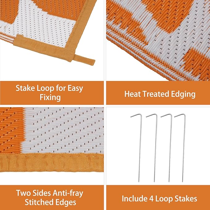 Anidaroel Outdoor Rugs 8x10ft for Patios Clearance Waterproof, Reversible Tropical Plastic Straw Camping Mat Outside Rug, Large Outdoor Area Rug for RV, Deck, Balcony, Picnic(Orange,8'x10')