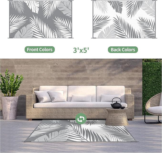 GENIMO Outdoor Rug 3' x 5' Waterproof for Patios Clearance, Reversible Outdoor Plastic Straw Camping Rug Carpet, Large Area Rugs Mats for RV, Camper, Deck, Balcony, Porch, Beach, Picnic, Grey&White