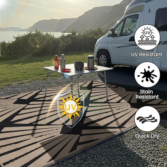 Outdoor Rug for Patio, 6x9 Ft Reversible Outdoor Plastic Straw Rug Waterproof Foldable Camping Mat with Uv Protection, Quick-Dry Straw Patio Carpet for Deck Rv Porch Backyard - Black & Brown