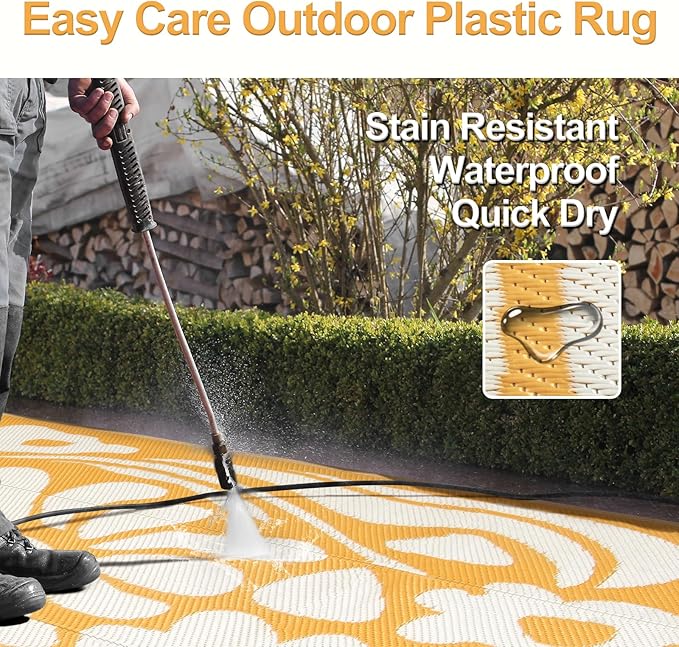 Wonnitar Outdoor Rugs 8x10,Waterproof Large Plastic Outdoor Patio Rug Clearance,Reversible Outside Portable Camping Mat,Abstract Floral Lightweight Carpet for Balcony Beach RV Camper (Orange, 8'x10')