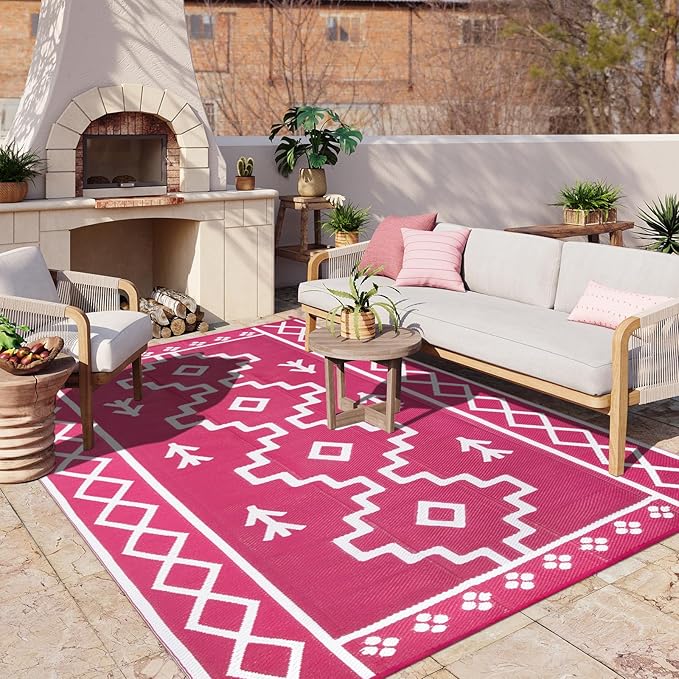 Uphome Outdoor Rugs 8x10 Waterproof, Reversible Hot Pink Boho RV Camping Rug, Patio Plastic Straw Outside Rug, Large Foldable Outdoor Mat Carpet for Backyard Deck Pool Balcony Picnic Beach, 8'x10'
