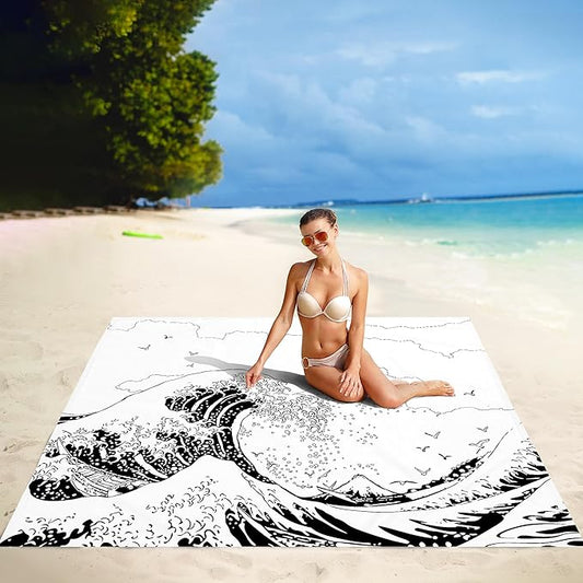 Beach Blanket, Waterproof Sandproof Beach Mat with 4 Stakes & 4 Pockets, 78''×86'' Lightweight Outdoor Picnic Blanket for Travel, Camping, Hiking
