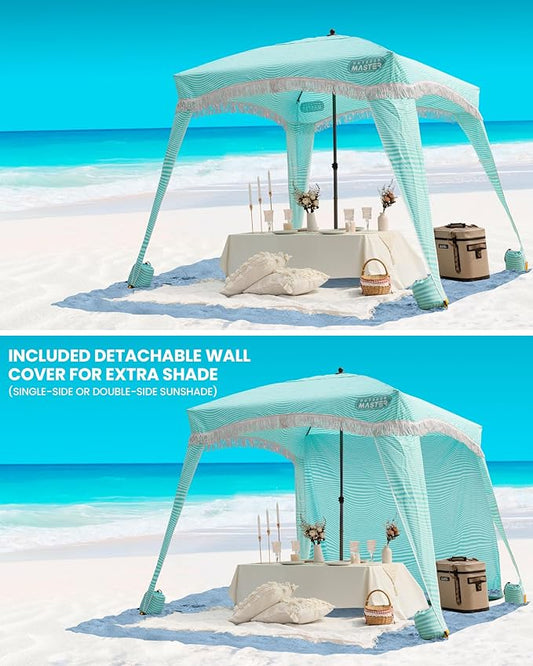 OutdoorMaster Beach Cabana with Fringes, Portable 6' x 6' Beach Canopy for Sand, Easy Set Up Sun Shelter, Included Side Wall, UPF 50+ UV Protection Sun Umbrella - for Family & Friends -Stripes