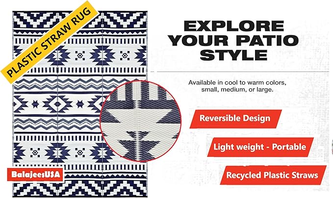 BalajeesUSA Outdoor Rugs 9x12 ft Large Plastic Patio Grey Dark Blue Affordable Multipurpose Woven Plastic Straw All-Weather Waterproof Reversible Camper mat Backyard Picnic Sports Camps Tent 7575