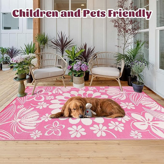 Ileading Outdoor Plastic Straw Rug 6x9ft Funny Floral Style Reversible Patio Area Rugs Waterproof Non Shedding Portable Carpets for Rv Outside Deck Pool Beach Picnic Camping (Pink)