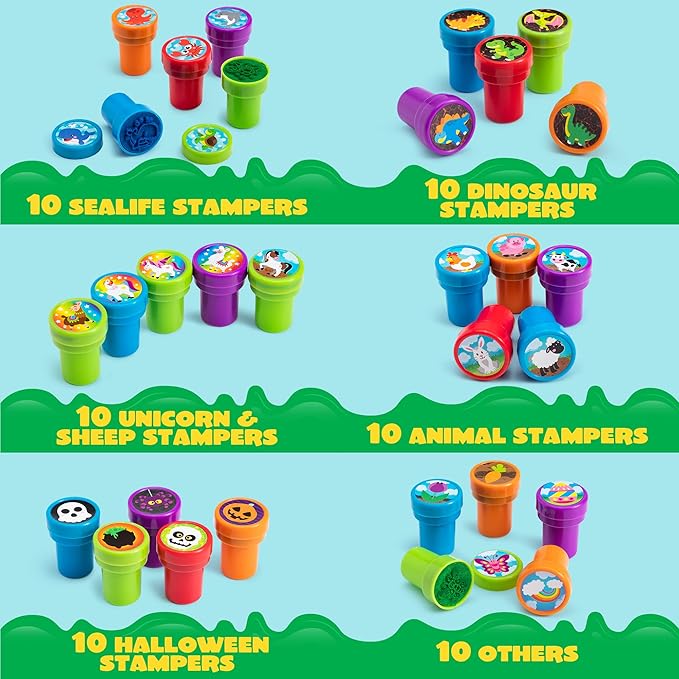 100 Pcs Assorted Stamps for Kids Self-Ink Stamps (50 Different Designs, Dinosaur, Zoo Safari Stampers) for Party Favor, Carnival Prizes, School, Easter Egg Stuffers, Halloween, Christmas