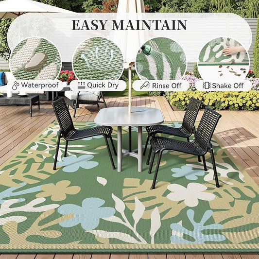 MontVoo Outdoor Rug Waterproof 6x9 ft RV Outdoor Rug for Camping Picnic Mat Outdoor Patio Rug Carpet Plastic Straw Reversible Floral Green Yellow