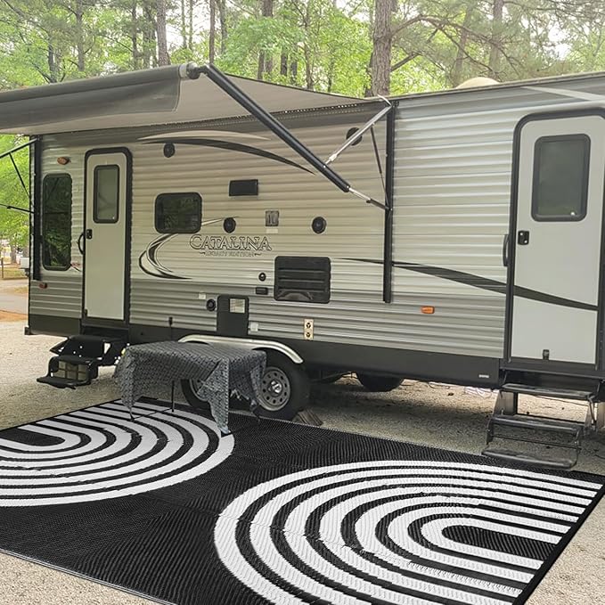 Anidaroel 9x18ft Reversible RV Outdoor Rugs for Camping, Waterproof Patio Rugs Outdoor Clearance, Outdoor Plastic Straw Outside Area Rugs Camping, Pool Deck, Backyard, Picnic(Black&White, 9‘x18')