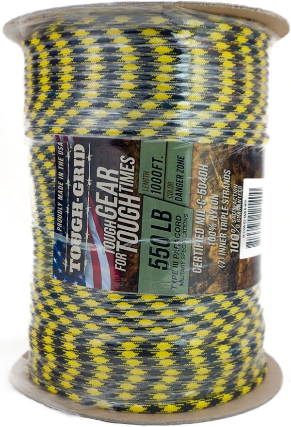 TOUGH-GRID Premium Danger Zone Paracord 550 lbs Made in USA Outdoor Survival Nylon Rope Tactical Heavy Duty Strands Parachute Cord Used by US Military Type III Mil-Spec