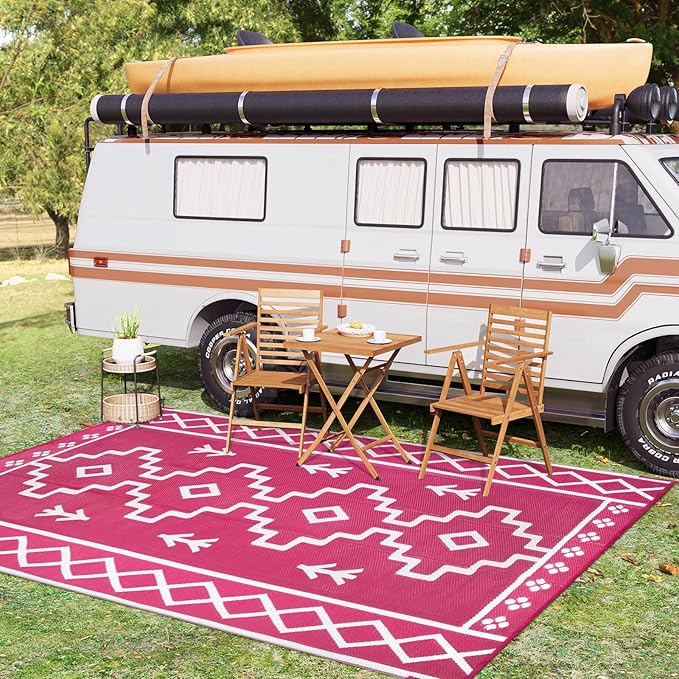 Uphome Outdoor Rugs 8x10 Waterproof, Reversible Hot Pink Boho RV Camping Rug, Patio Plastic Straw Outside Rug, Large Foldable Outdoor Mat Carpet for Backyard Deck Pool Balcony Picnic Beach, 8'x10'