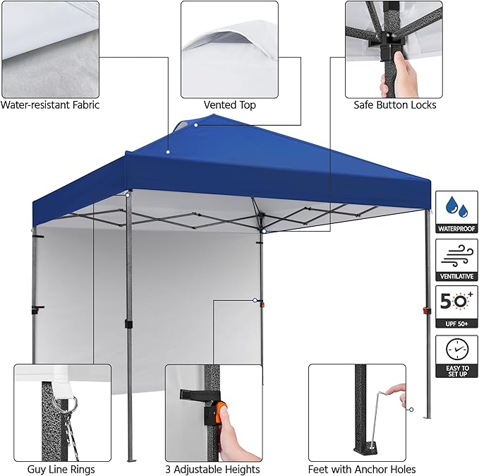 Yaheetech 10x10 Pop up Canopy Tent w/1 Sidewall, Instant Commercial 150D Silver Coated Fabric Outdoor Instant Tent w/Wheeled Bag, 4 Sandbags, 8 Stakes & 4 Ropes for Parties, Camping, Beach, Navy Blue
