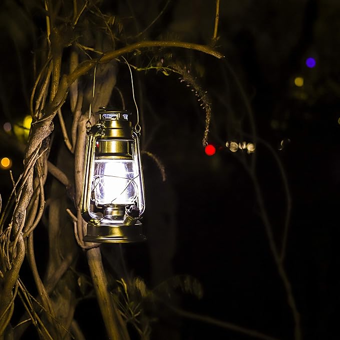 YAKii LED Vintage Metal Hanging Hurricane Lantern - 12 LED Dimmer Switch Cold White Battery Operated for Power Outage Indoor Camping Lighting Outdoor Brooklyn (Silver 2 Pack)