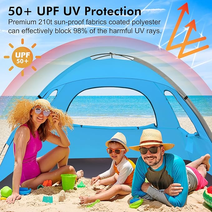 WhiteFang Beach Tent Anti-UV Portable Sun Shade Shelter for 3/4/6/8 Person, Extendable Floor with 3 Ventilating Mesh Windows Plus Carrying Bag, Stakes and Guy Lines