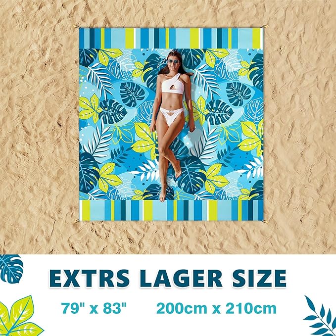 WERNNSAI Beach Blanket Waterproof Sandproof - Extra Large Beach Mat 79" x 83" Sand Free with 4 Stakes Pockets Quick Dry Lightweight Blue Plant Pattern Picnic Mat for Beach Party Camping
