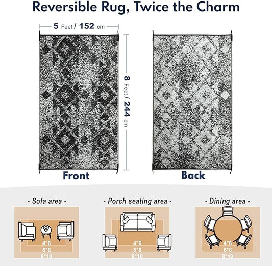 Waterproof Outdoor Rug 5x8 ft, Reversible Plastic Straw Rug, Easy to Clean Patio Rug, Portable Carpet for Patio, RV, Deck, Balcony, Backyard, Picnic, Beach, Mosaic, Gray