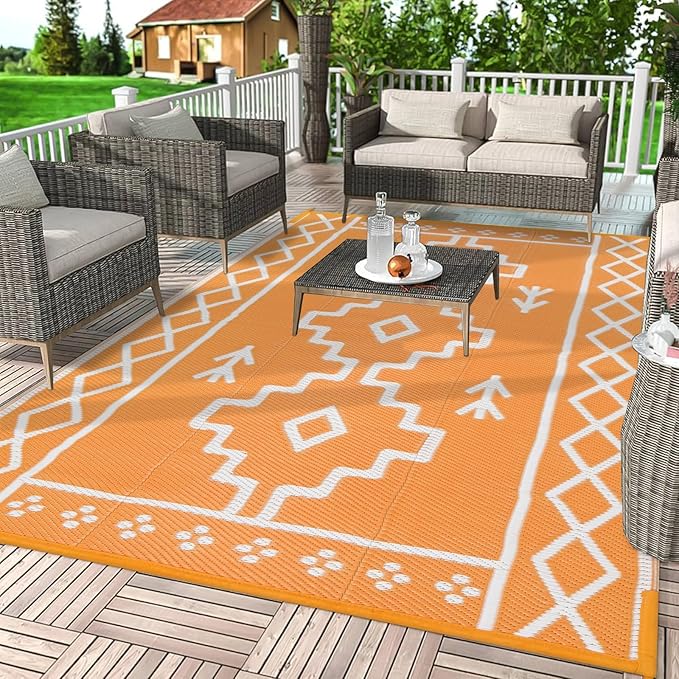 Uphome Outdoor Rugs 8x10 Waterproof, Reversible Orange Boho RV Camping Rug, Patio Plastic Straw Outside Rug, Large Foldable Outdoor Mat Carpet for Backyard Deck Pool Balcony Picnic Beach, 8'x10'