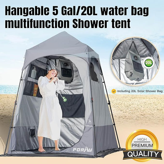 Portable Camping Shower Tent Deluxe Changing Room with Shower Bag Easy Set Up Privacy Shelter,Large Toilet Tent with Floor Drain Design for Beach,Camping,Hiking with Stakes and Ropes for Stability