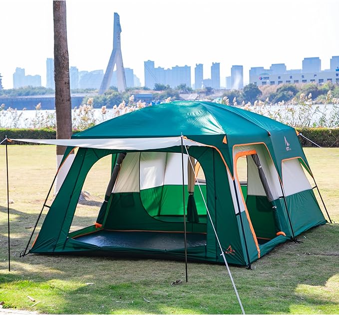 KTT Extra Large Tent 10-12-14 Person(A),Family Cabin Tents,2 Rooms,3 Doors and 3 Windows with Mesh,Straight Wall,Waterproof,Double Layer,Big Tent for Outdoor,Picnic,Camping,Family Gathering