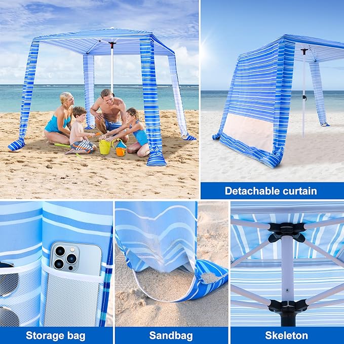 Beach Cabana - Cool 6.2โx6.2โ UPF 50+ Sun Shade, Easy Setup & Portable, Waterproof Canopy with Sand Pockets, Side Wall & Beach Umbrella Tent Design - Perfect for Family Trips, Picnics & Camping