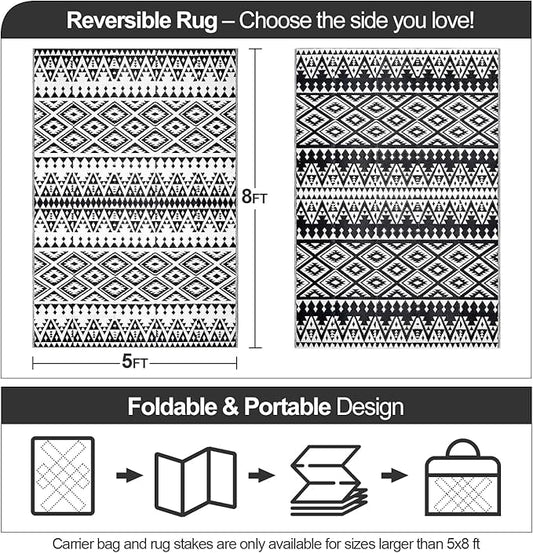Waterproof Outdoor Rug 5x8ft, Bohemia Reversible Plastic Straw Mat for Patio RV Deck Porch Backyard Balcony Camping Picnic Beach Indoor Outdoor Carpet, Black&White