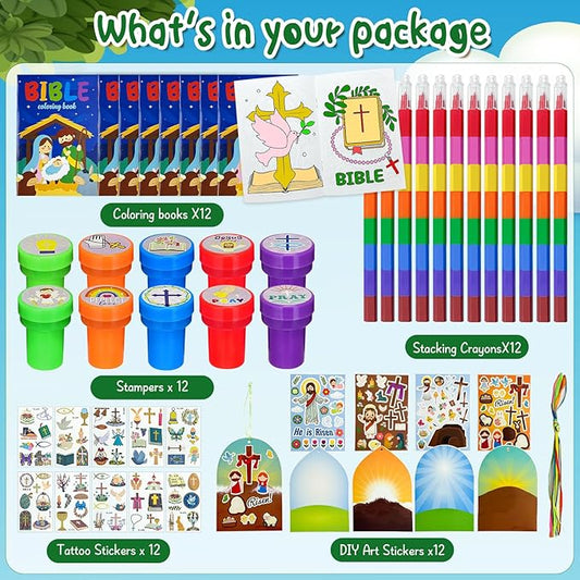 60 Pcs Easter Religious Party Favors,Christian Easter Basket Goodie Bag Stuffers,Easter Coloring Books with Stacking Crayons Bulk, Novelty Prizes DIY Scenes Stickers for Bible School Preschoolers