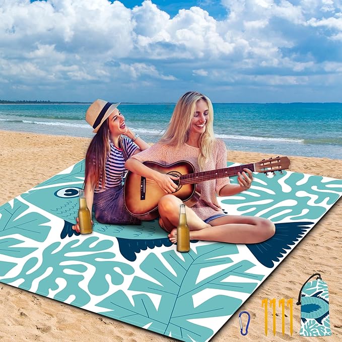 Large Beach Blanket Waterproof Sandproof 79"x 83" for 1-4 Adults,Quick Drying Beach Mat,Lightweight & Durable,Beach Essentials for Family Beach Camping Travel Picnic(Green Fish)