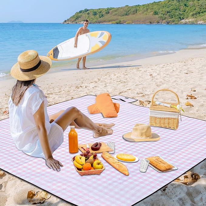 Picnic Blankets Outdoor Blanket Waterproof, 80''x80'' Extra Large Beach Blanket Sandproof Foldable Machine Washable, Vintage Gingham Picnic Mat Grass Lawn Park Family Camping Party Music Festival