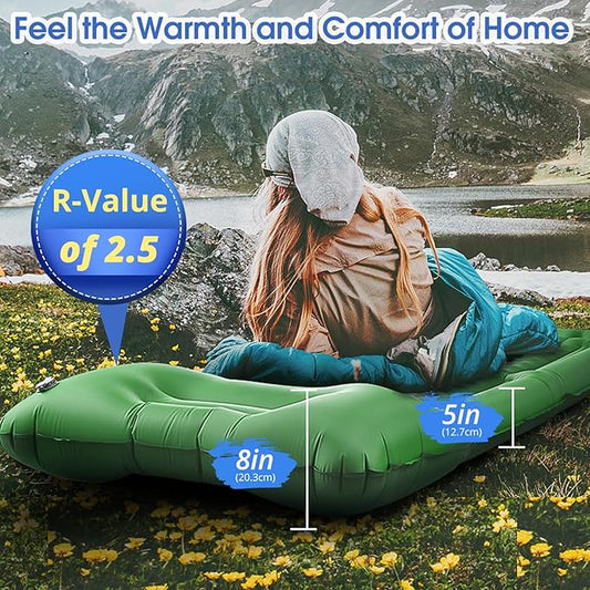 Camping Sleeping Pads,Extra Thick 5 Inch Inflatable Sleeping Mat with Pillow Built-in Pump,Oversized Mattress Super Portable Backpacking Sleeping Pad (Green, Single)