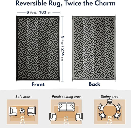 Waterproof Outdoor Rug 6x9 ft, Reversible Plastic Straw Rug, Easy to Clean Patio Rug, Portable Carpet for Patio, RV, Deck, Balcony, Backyard, Picnic, Beach, I-Shaped, Black