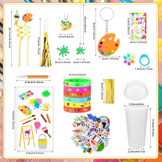 Tondiamo 206 Pcs Art Paint Party Favors Include Gift Cup Plastic Straw Color Pen Keychain Pendant Bracelet Ring Temporary Tattoo Party Blower Card Splatter Confetti for School Reward Birthday Party