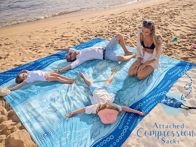 WEKAPO Beach Blanket Waterproof Sandproof Oversized Extra Large Sand Free Beach Mat with Stakes, Storage Bag - Essentials for Outdoor Beach, Picnic (Bohemian Starfish, 8 X 7 FT (1~4 Person))