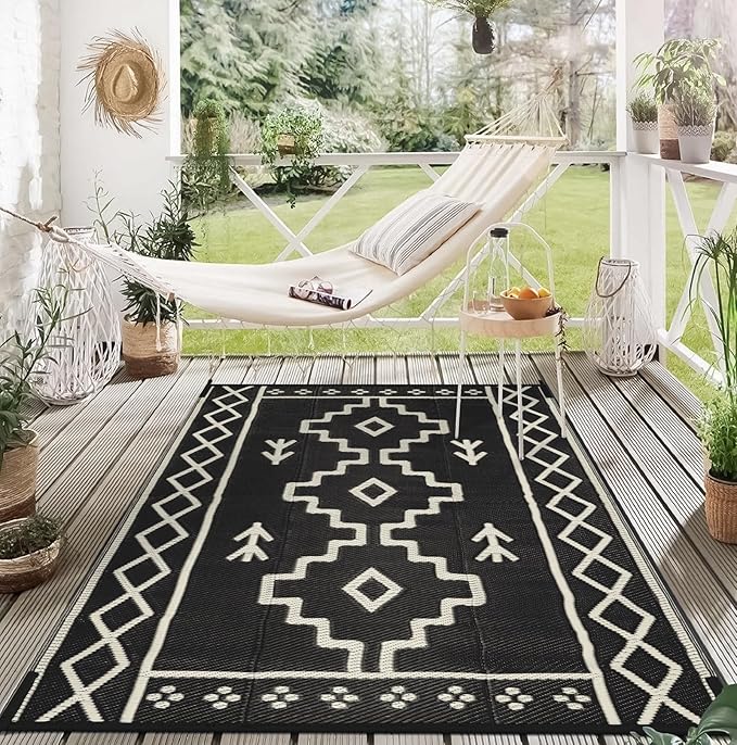 Uphome Outdoor Rug Mat Waterproof 5x8 ft, Reversible Outdoor Plastic Straw Rug, Black Boho Patio Rug, Foldable RV Camping Rug, Indoor Outdoor Area Rug for Backyard Deck Pool Balcony Picnic, 5'x8'