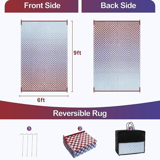 Wonnitar Waterproof Outdoor Rug 6x9 - Blue Purple Gradient Checkered Camping Plastic Straw Rug, Reversible Outside Mat for Patio RV Backyard, Lightweight Portable Deck Carpet