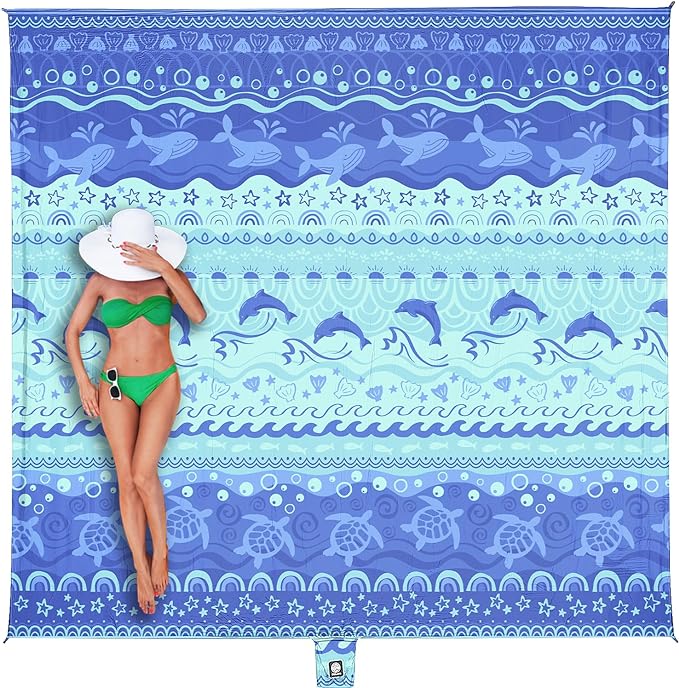 WEKAPO Beach Blanket Waterproof Sandproof Oversized Extra Large Sand Free Beach Mat with Stakes, Storage Bag - Essentials for Outdoor Beach, Picnic (Bohemian Sealife, 8 X 7 FT (1~4 Person))