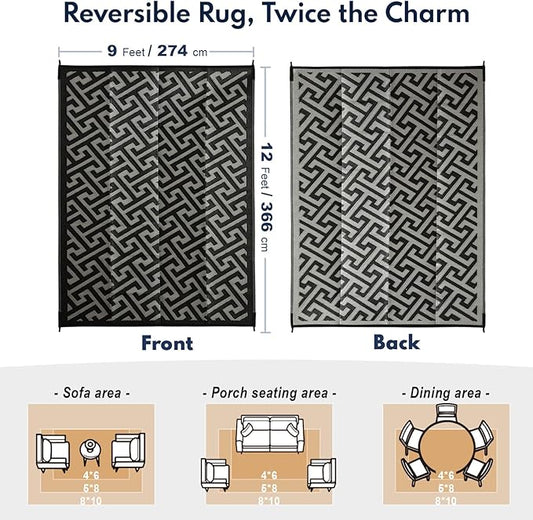 Waterproof Outdoor Rug 9x12 ft, Reversible Plastic Straw Rug, Easy to Clean Patio Rug, Portable Carpet for Patio, RV, Deck, Balcony, Backyard, Picnic, Beach, I-Shaped, Black