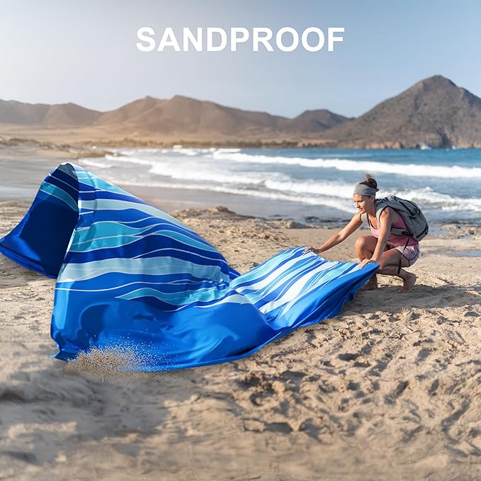 Mooreeke Beach Blanket Extra Large Oversized 9 x 11 ft, Blue Waves Sandproof Waterproof Quick Drying Lightweight Compact Outdoor Blanket Beach Mat for Family Travel Camping Picnic, 1-8 Adults