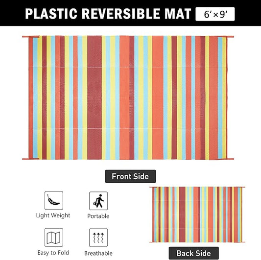 Outdoor Waterproof Rug 6'x9' Plastic Straw Rugs Washable Reversible Floor Mat Rainbow Stripe Carpet for Camping RV Deck Entryance Porch Picnic Balcony Beach Backyard