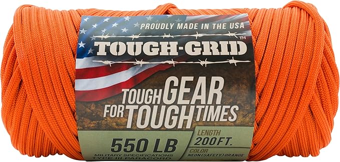 TOUGH-GRID Premium Neon Orange Paracord 550 lbs Made in USA Outdoor Survival Nylon Rope Tactical Heavy Duty Strands Parachute Cord Used by US Military Type III Mil-Spec