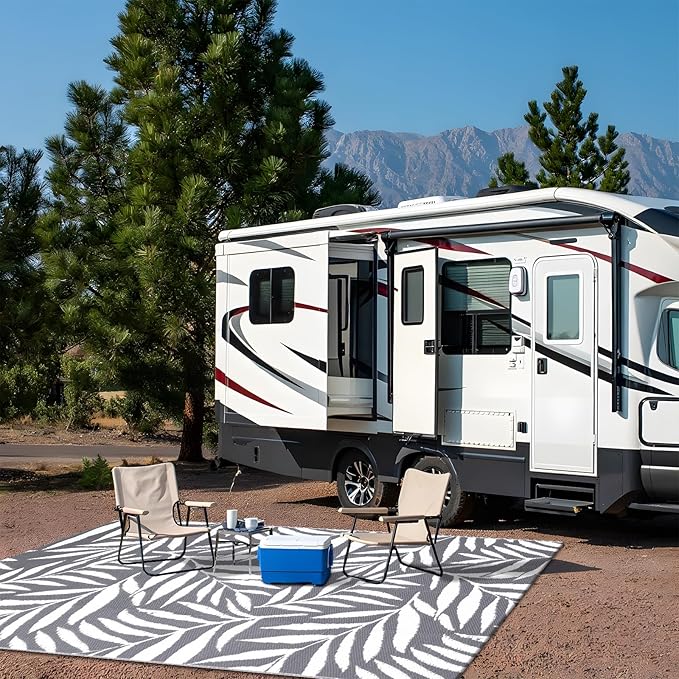 OLANLY Waterproof Outdoor Rug 5x8 ft, Reversible Outdoor Plastic Straw Rug with Leaf Pattern, RV Mat, Indoor Outdoor Carpet for Patio, Camping, Balcony, Deck, Backyard, Grey & White