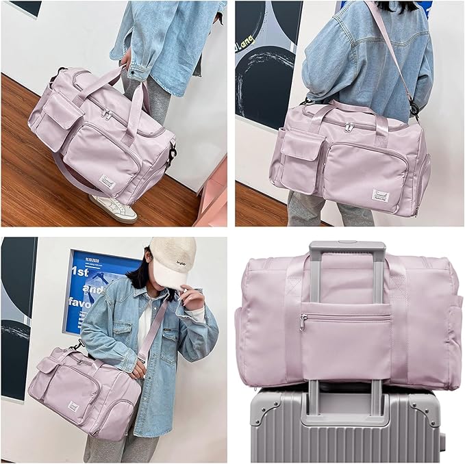 Travel Duffel Bag with Shoes Compartment Sports Gym Bag with Dry Wet Separated Pocket for Men and Women, Overnight Bag Weekender Bag Training Handbag Yoga Bag - Brown Pink