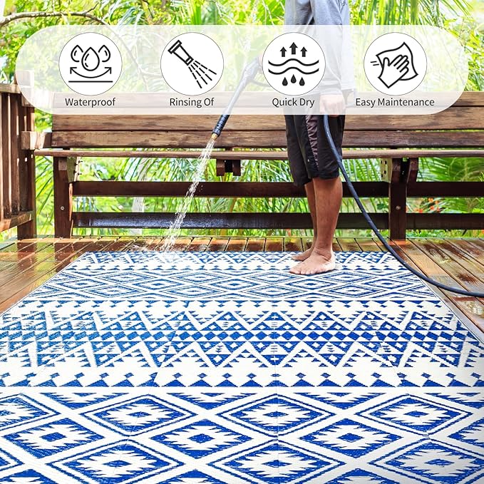 Waterproof Outdoor Rug 5x8ft, Bohemia Reversible Plastic Straw Mat for Patio RV Deck Porch Backyard Balcony Camping Picnic Beach Indoor Outdoor Carpet, Blue&White