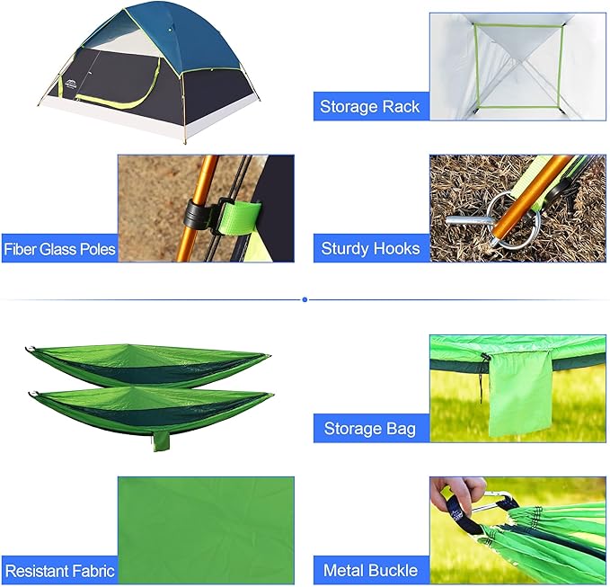 9 Pcs Camping Set,Include 1 Camp Tent,2 Sleeping Bag,2 Sleeping Pad/Camping Mat,2 Single Camping Hammock with 2 Tree Straps,2 Lightweight Bed Blanket for Family Outdoor Activities